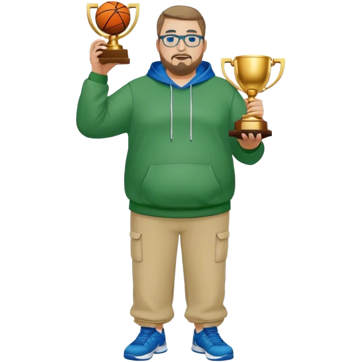  full body white obese male basketball coach with trophy. Goatee , Wearing glasses and blue and green hoodie and khaki pants emoji