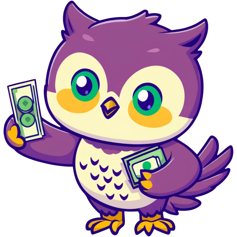cute owl character symbolizing wealth luck, large green eyes, sparkling golden feathers, holding a money pouch in its feet, pastel tones, charming sticker style emoji