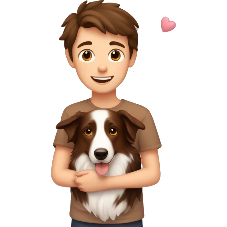 boy with brown hair holding a tan border collie with love hearts around them  emoji