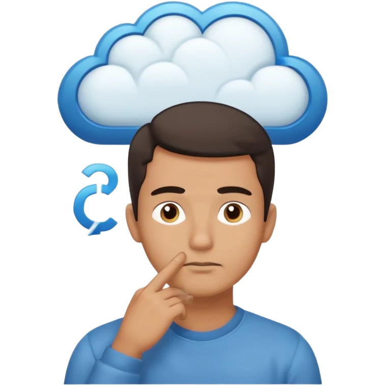 Casually dressed man with one hand on his chin, eyebrows slightly furrowed. A thinking cloud floats above his head containing a critical-thinking symbol (like a question mark, magnifying glass, or logic icon). Realistic emoji aesthetic, clean-shaven, soft neutral background emoji