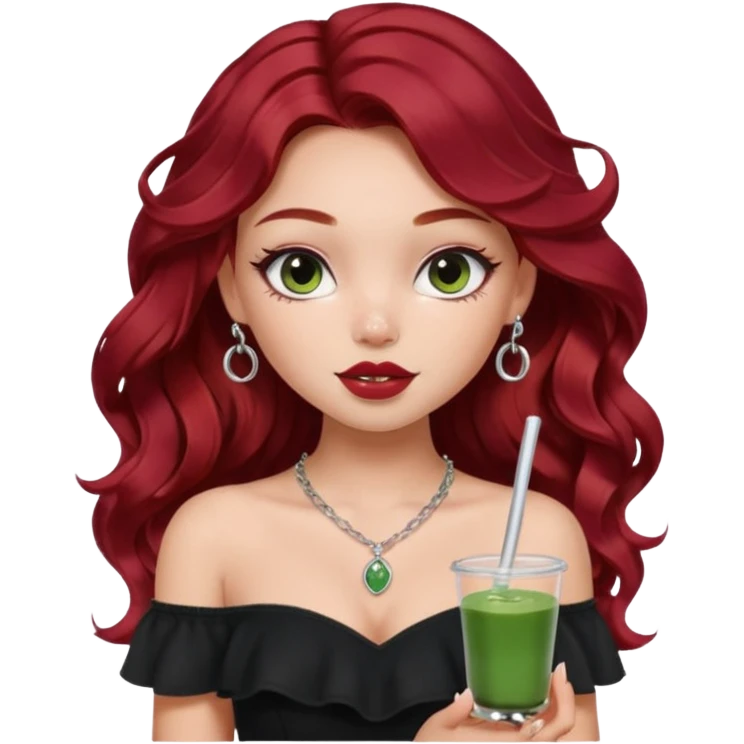 a pretty fair bratz girl with wavy dark red hair, wearing a black off shoulder top . silver dainty layered necklaces, carrying a matcha emoji