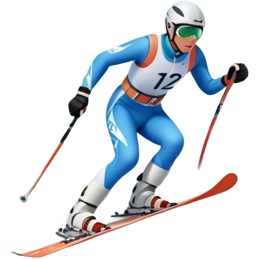 An icon featuring a skier racing down a snow-covered slope, surrounded by snowy peaks, pine trees, and a picturesque mountain landscape. The sky is blue with soft clouds, capturing the thrill and beauty of alpine skiing. Transparent background  emoji