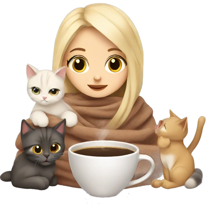 Blonde girl in blanket drinking coffee and sitting with her two cats emoji