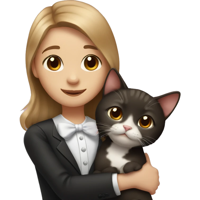 girl with light brown hair & brown eyes hugging tuxedo cat emoji