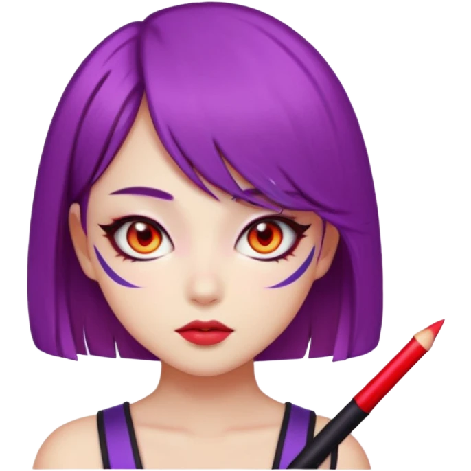 fierce K-pop warrior girl emoji face with sleek violet hair in a sharp bob, glowing red almond-shaped eyes, bold eyeliner, calm but intense expression emoji