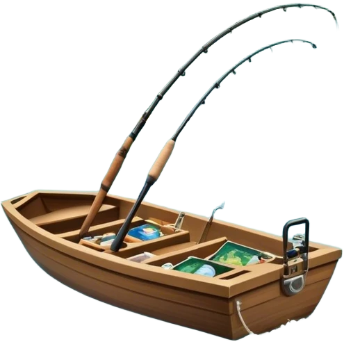 Icon for Fishing Travel: a boat on a calm lake surrounded by mountains and lush greenery, with fish jumping out of the water, a fishing rod, tackle box. The icon should capture the peaceful and adventurous nature of fishing trips. Transparent background. emoji