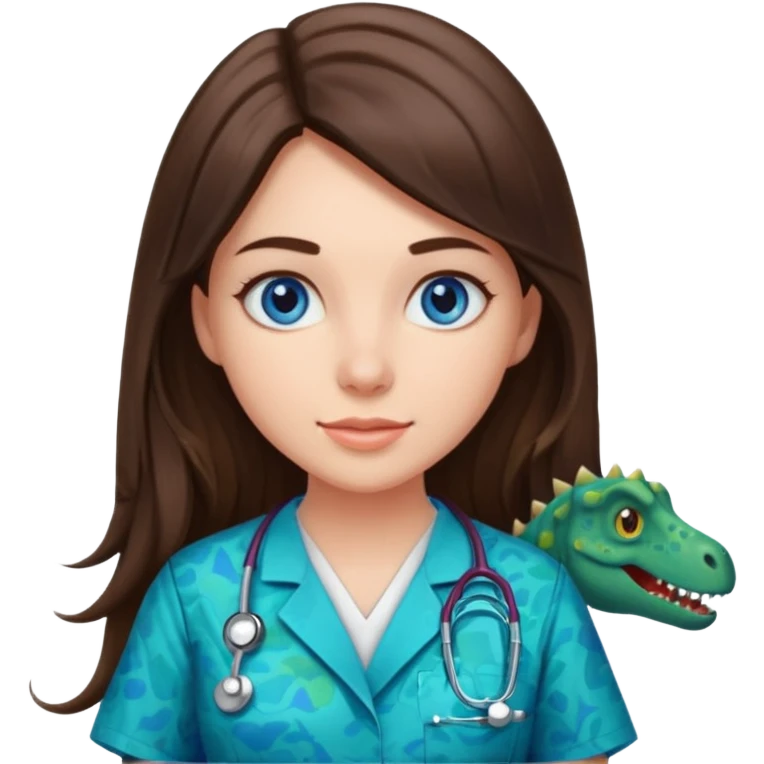 pretty brunette nurse with long hair and blue eyes in dinosaur pattern scrubs emoji