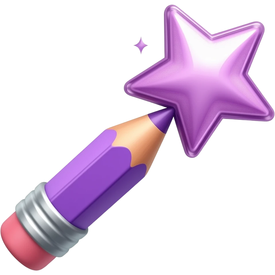 one purple gradient pencil in front of a shiny magic wand (fairy mood but no actual fairy character) sparkling wand with a star toward top/end of pencil (rubber side on top) emoji