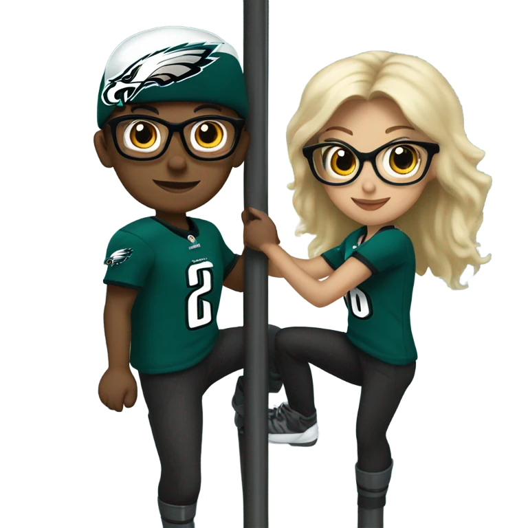 Dark brown hair female with glasses and blonde male with light skin who are both eagles fan climbing up a pole emoji