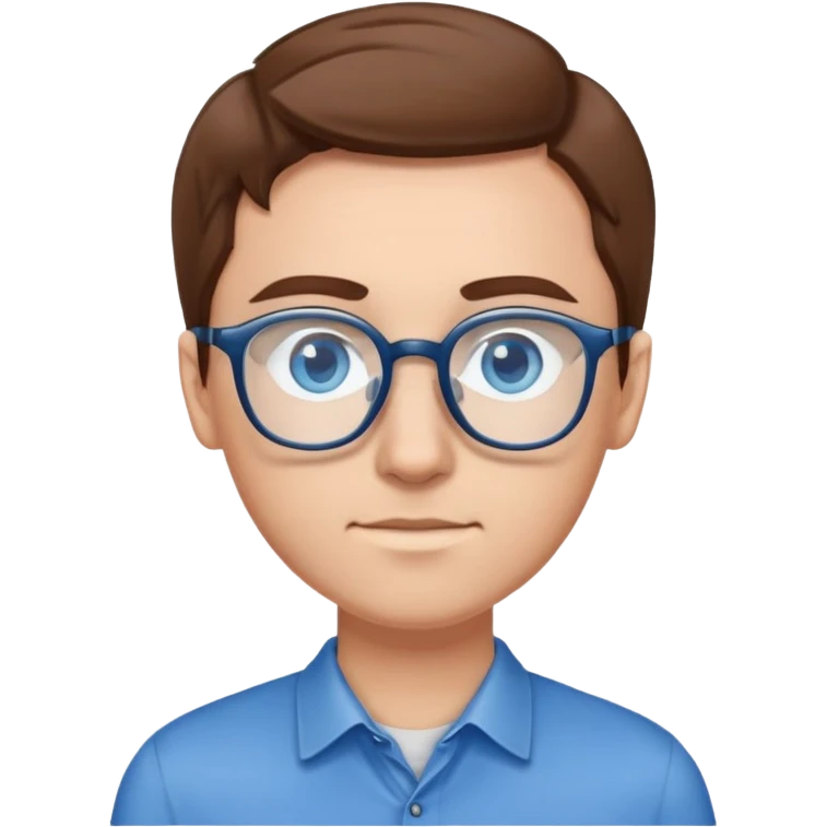 person with brown hair, blue eyes, glasses, wearing a blue shirt and a watch emoji