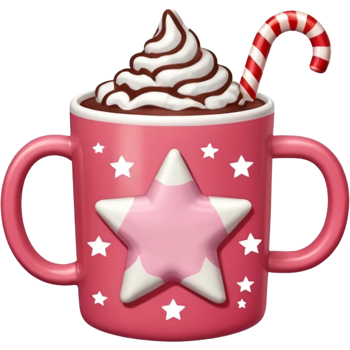 hot chocolate in red and pink pastel christmas mug with stars and candy cane, trendy aesthetic emoji