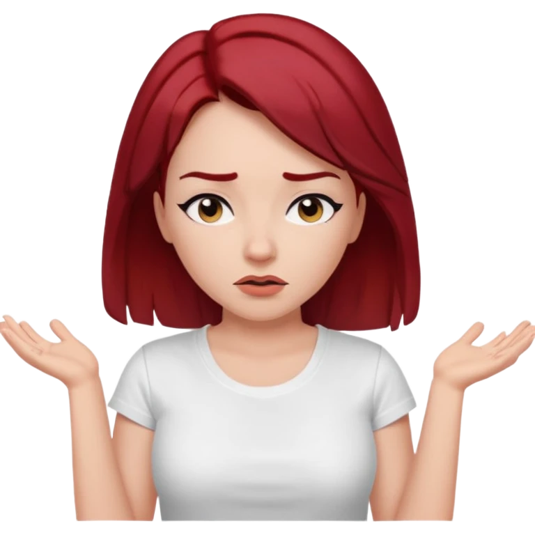 younger woman shrugging, eyes closed, white t-shirt, dark red hair, black eyebrows emoji
