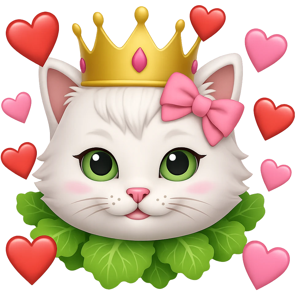 Add hearts around a white cat with a pink bow and a green lettuce crown in emoji style, no background. emoji