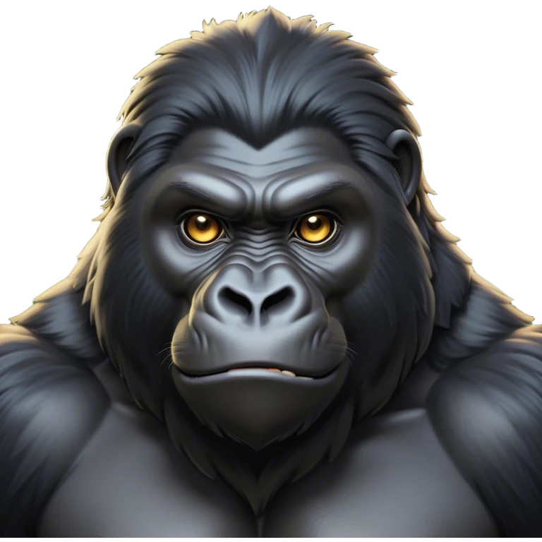 Cinematic Noble mountain Gorilla Portrait Emoji, Poised and majestic, with a powerful, muscular frame accentuated by a distinguished black and grey mane and piercing, wise eyes, Simplified yet sharp and sophisticated features, highly detailed, glowing with a soft, regal jungle glow, high shine, intelligent and commanding, stylized with an air of imperial strength, focused and resolute, soft glowing outline, capturing the essence of a watchful guardian that feels as though it could step out of the screen with effortless authority! emoji