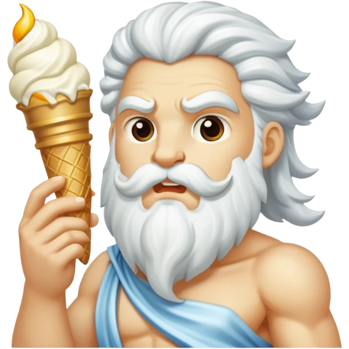 Zeus eating white ice cream and holding a thunderbolt emoji