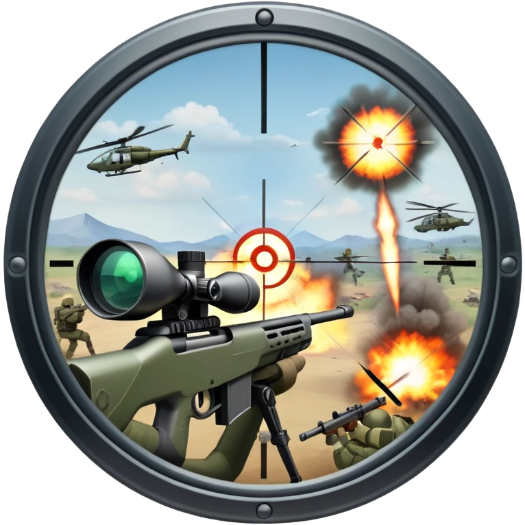 An icon symbolizing first-person shooter games. The design features a circular sniper scope view with crosshairs aimed at a distant target. The background shows a battlefield with soldiers and explosions, capturing the action-packed intensity of FPS games. Transparent background. emoji
