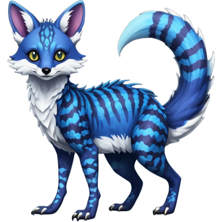 Feral Rare Fantasy scaled scaly evil spooky vibrant dark shady shaded detailed deep-dark-cobalt-blue-gradients-colored colorful Vernid-Sergal-Genet-Trico-Fox-species by LiLaiRa, with dark-blackish points, white belly, random markings, tufted tail, tufted ears, full body emoji