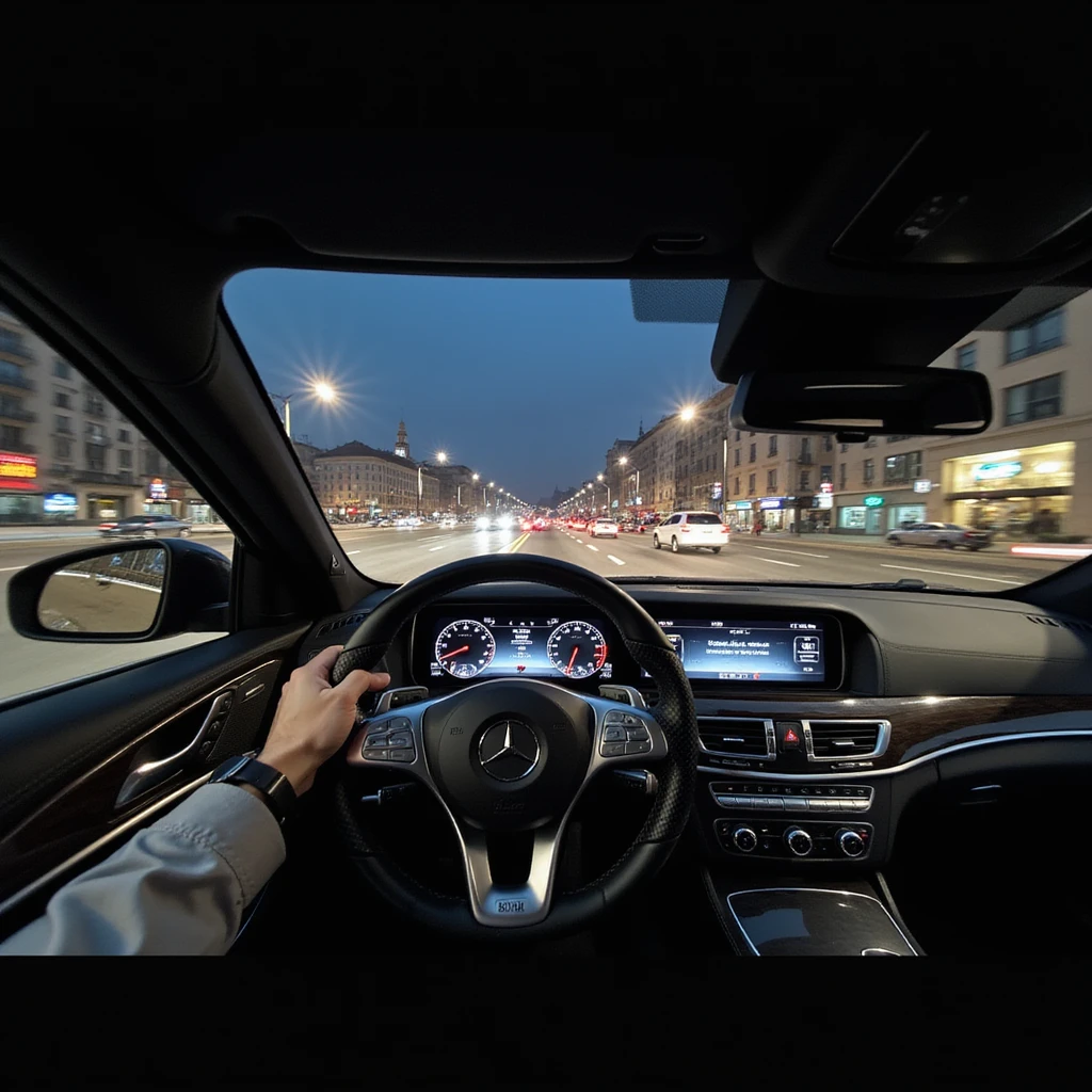 Mercedes E63 2024, immersive cockpit POV, left hand on steering wheel, night cityscape of Bucharest visible through windshield, motion blur, city traffic visible ahead, highly realistic emoji