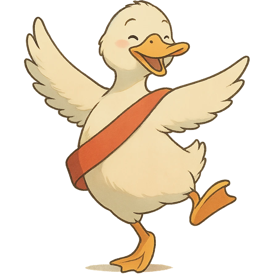 ghibli style dancing duck with a race sash emoji