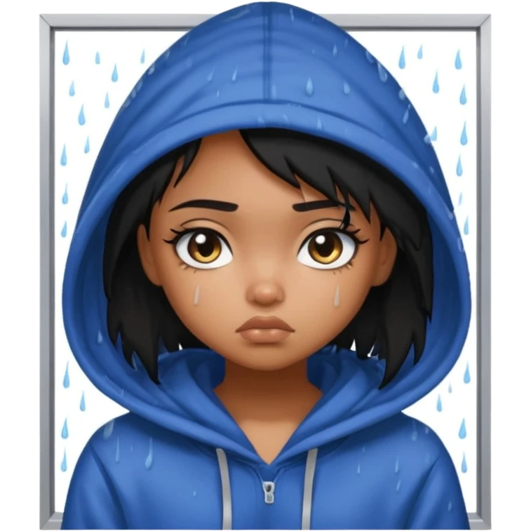 generate a pretty bratz brown skinned girl with messy black hair looking out of the rainy window, looking very sad emoji