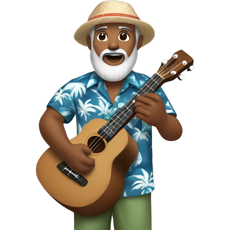 dark-skinned native hawaiian man h playing ukulele age 57 with hawaiian shirt shorts beard with cap and hair with a little gray hair and a goatee beard, small asian eyes emoji