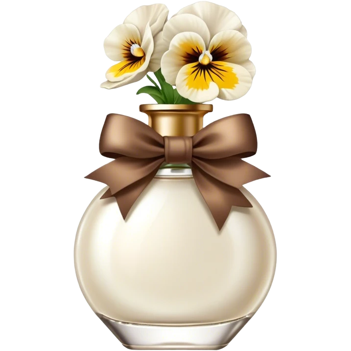 pearl white perfume bottle in vintage style and ivory colored pansies and brown bow emoji