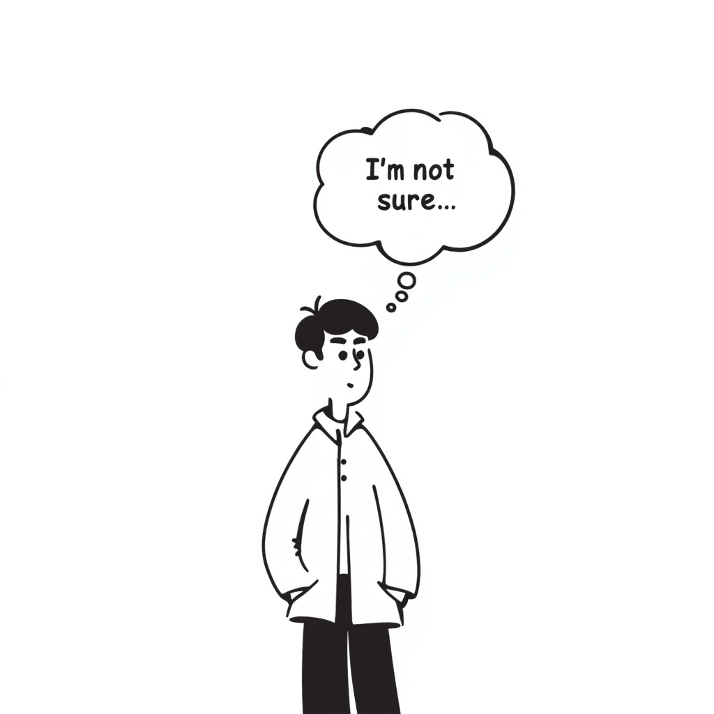 A Chinese man thinking with a speech bubble that says "I'm not sure." emoji
