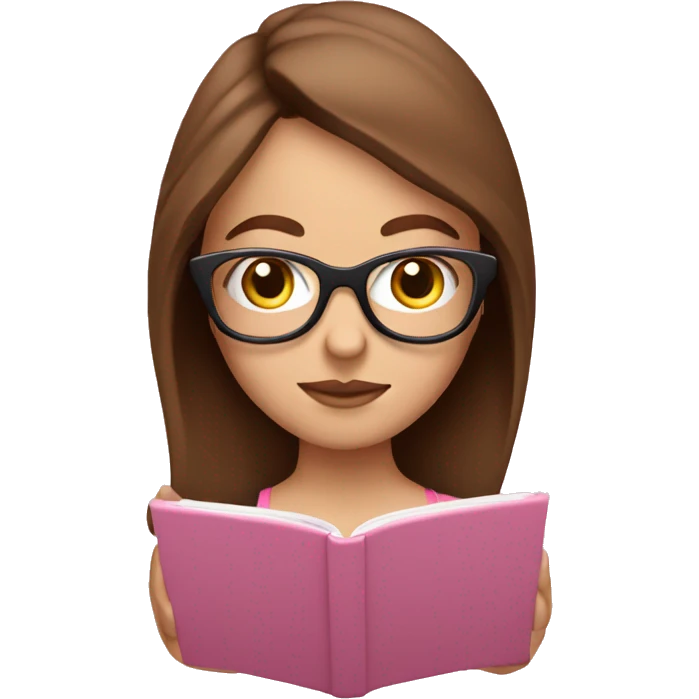 White girl with glasses and brown hair reading on a pink smart phone emoji