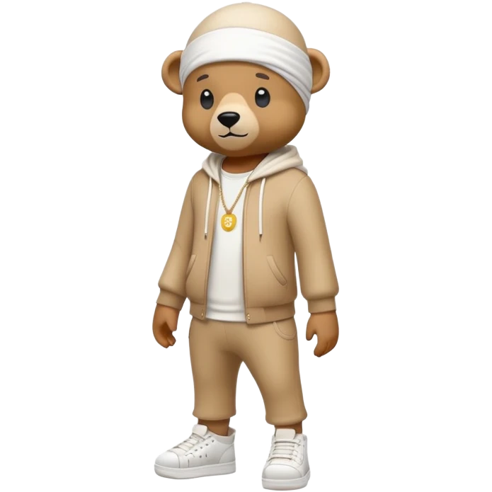 Full-length cartoon bear with white durag, standing on two legs, wearing trendy high-top sneakers, emoji style emoji