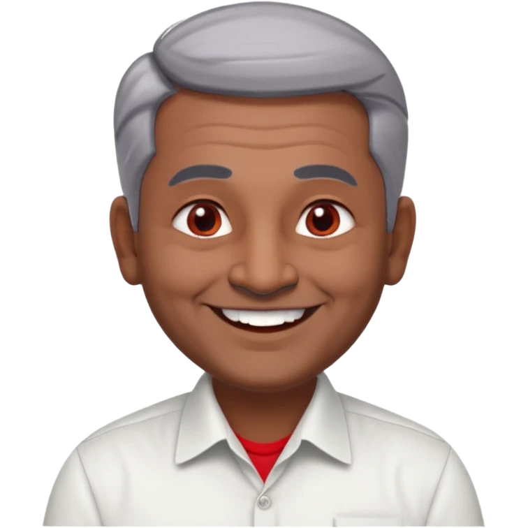 50 yr old indian man, dark skin, grey hair, big smile, white teeth, chubby, no moustache, clean shaven, young style hair, hair brushed back, 5 oclock shadow, bindy on forehead, dress shirt, red dot emoji