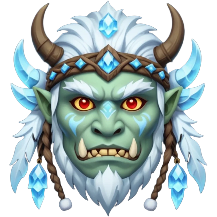 Fantasy Christmas orc shaman icon, ice spirit magic theme, glowing runes, winter tribal mask elements, mystical cold atmosphere, emoji sized portrait, male/female variant
 emoji