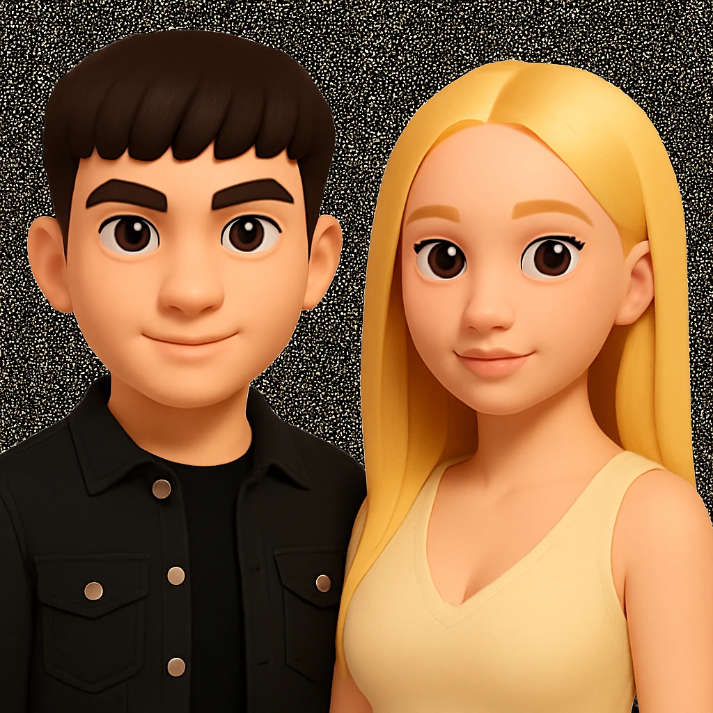 Slightly increase the volume of the upper body of the girl, separate the girl and the boy from each other, and make the skin color the same for both characters. Maintain the cartoonish 3D style in the editing. emoji
