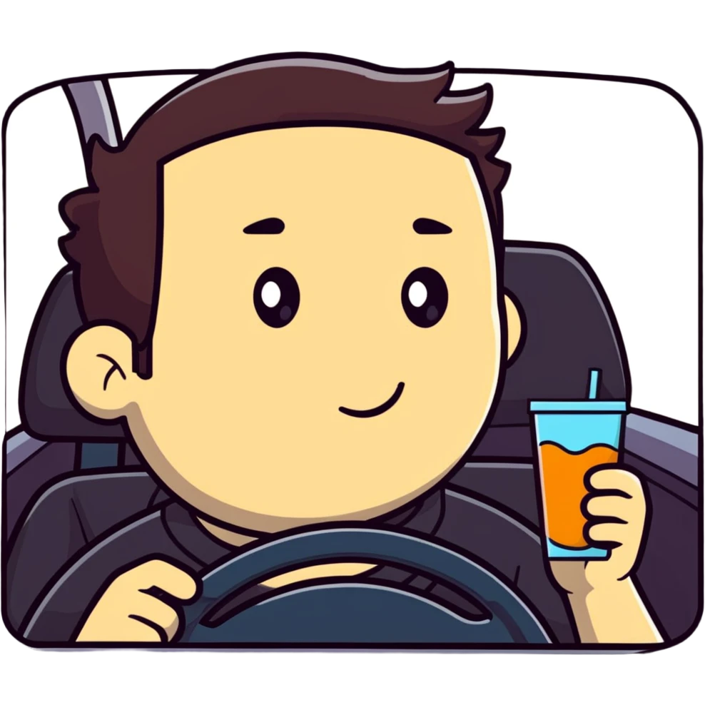 driver with flushed cheeks, one hand on the wheel, the other holding a drink, exaggerated expression emoji