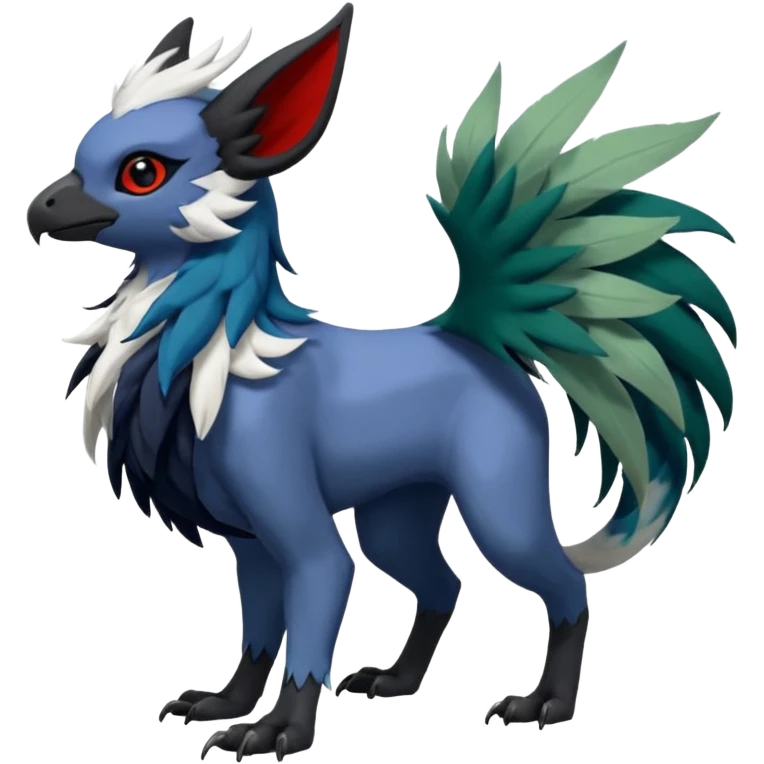 Dark-deep-colored gryphon-Trico-Nargacuga-Absol-Leafeon-Sprigatito-Silvally-fusion-hybrid with a long tufted tail, black beak, black claws, black tail, majestic, realistic, furry (full body) emoji