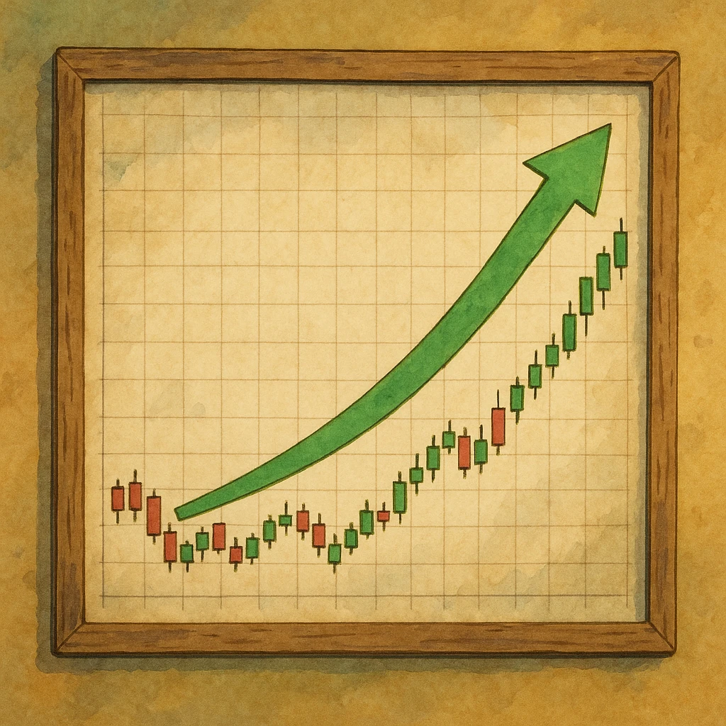 ghibli style illustration of a stock chart with green arrow going up emoji