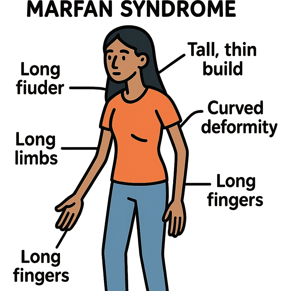 Create an educational graphic highlighting Marfan syndrome in a Middle Eastern woman. Show a tall, thin female figure with long limbs and fingers, curved spine, chest deformity, and subtle facial features. Include clear labels for each characteristic. The style should be clear, informative, and suitable for a general public audience. emoji