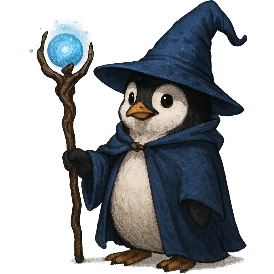 penguin wizard, magical staff, wearing a wizard hat emoji