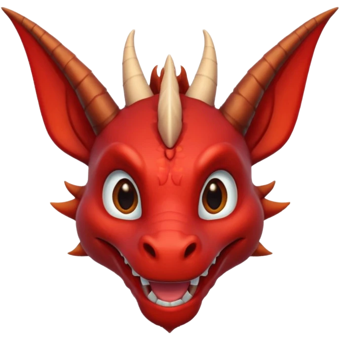 Cute Red dragon smile.  dark horns, pointed ears. Brown mane hair. Head only, Headshot emoji