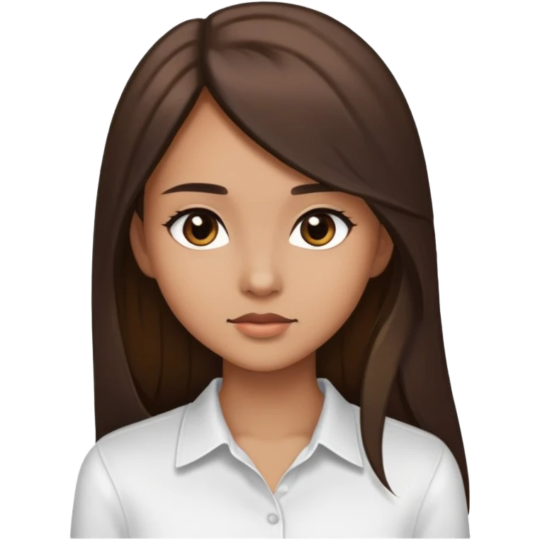 Feminine girl with light brown skin, dark straight long hair and dark eyes, wearing a white shirt, profile picture style emoji