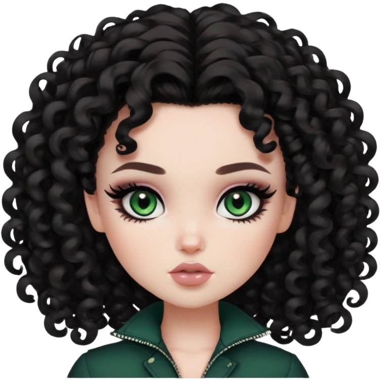 curly dark hair, pale skin, dark green eyes, pretty bratz baddie, black eyeliner, blush emoji