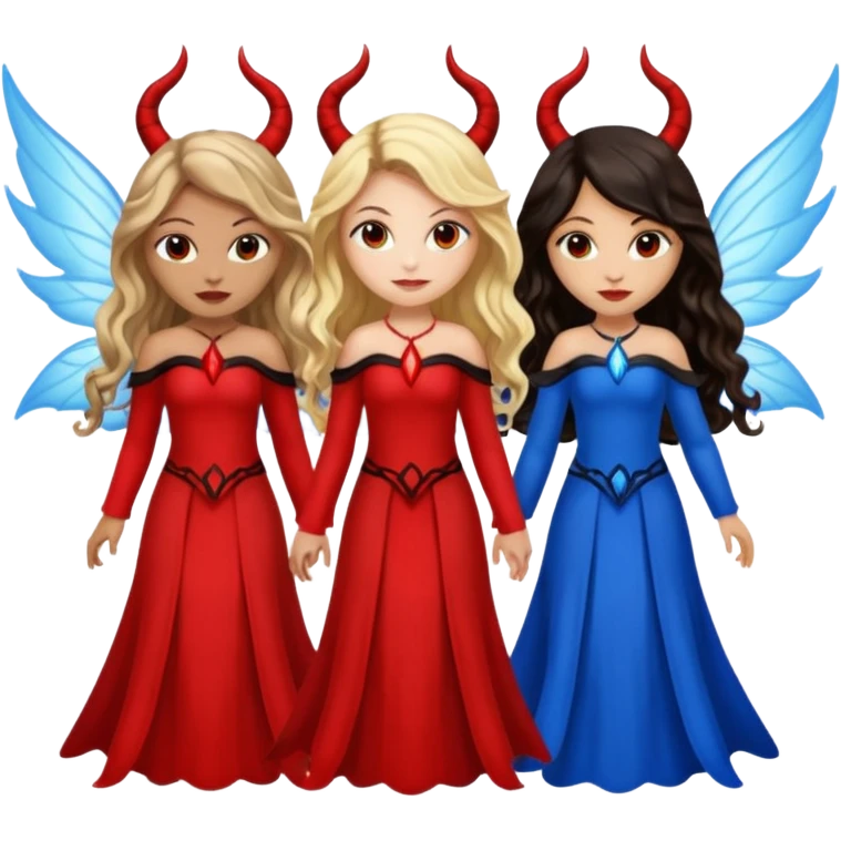 Three women as devil fairies with wings, brown eyed light skin with dark blonde long hair and Brown eyed light skin black long wavy hair and blue eyed light skin long blonde hair emoji