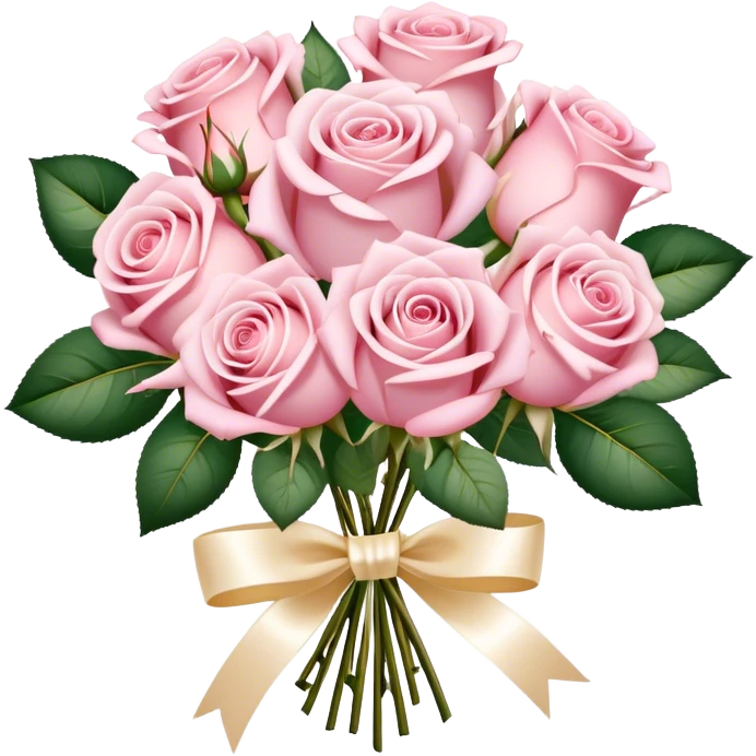 Romantic bouquet of pastel pink roses tied with an ivory satin ribbon, delicate golden sparkles. emoji