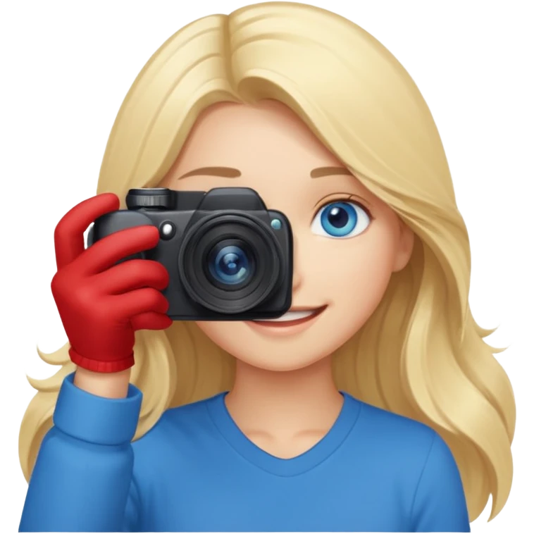  blue eyes blonde girl photographer cartoon taking picture in middle of taking picture camera in front of face long hair smiling funny flash professional, camera in front of face emoji
