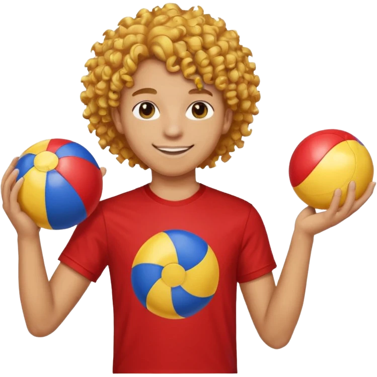 una persona de 18 años marron clarito con el pelo amrillo rizado con una camiseta roja y azul con un logo circular dorado y levantando un balon de playa emoji