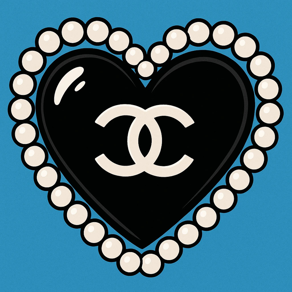glossy black heart with a string of pearls around it, featuring a silver Chanel logo in the center, elegant, black and white color scheme, vibrant toon style emoji