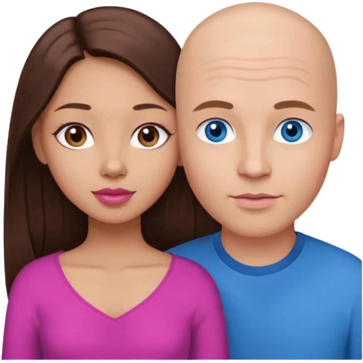 Bald white man blue eyes in love with Filipina woman with long hair dark brown eyes and pink lips emoji