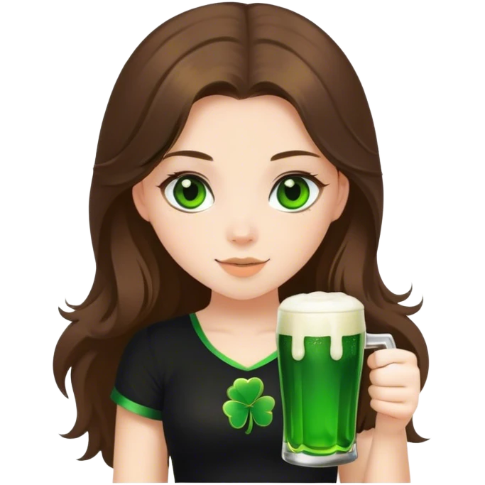 brunette hair down girl black top holding a beer make her st. pattys themed emoji