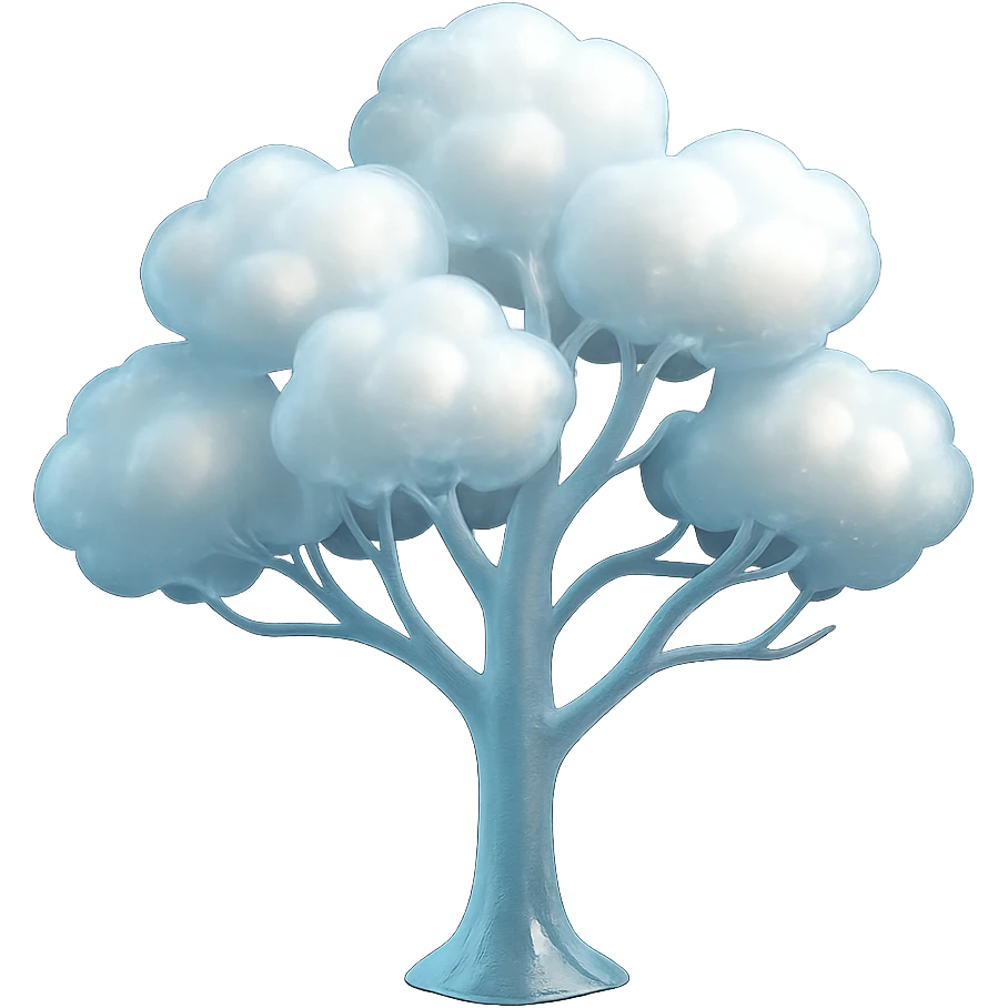 one tree with many branches and a white trunk, crown made of small very bright white fluffy convex clouds, matte glass style emoji