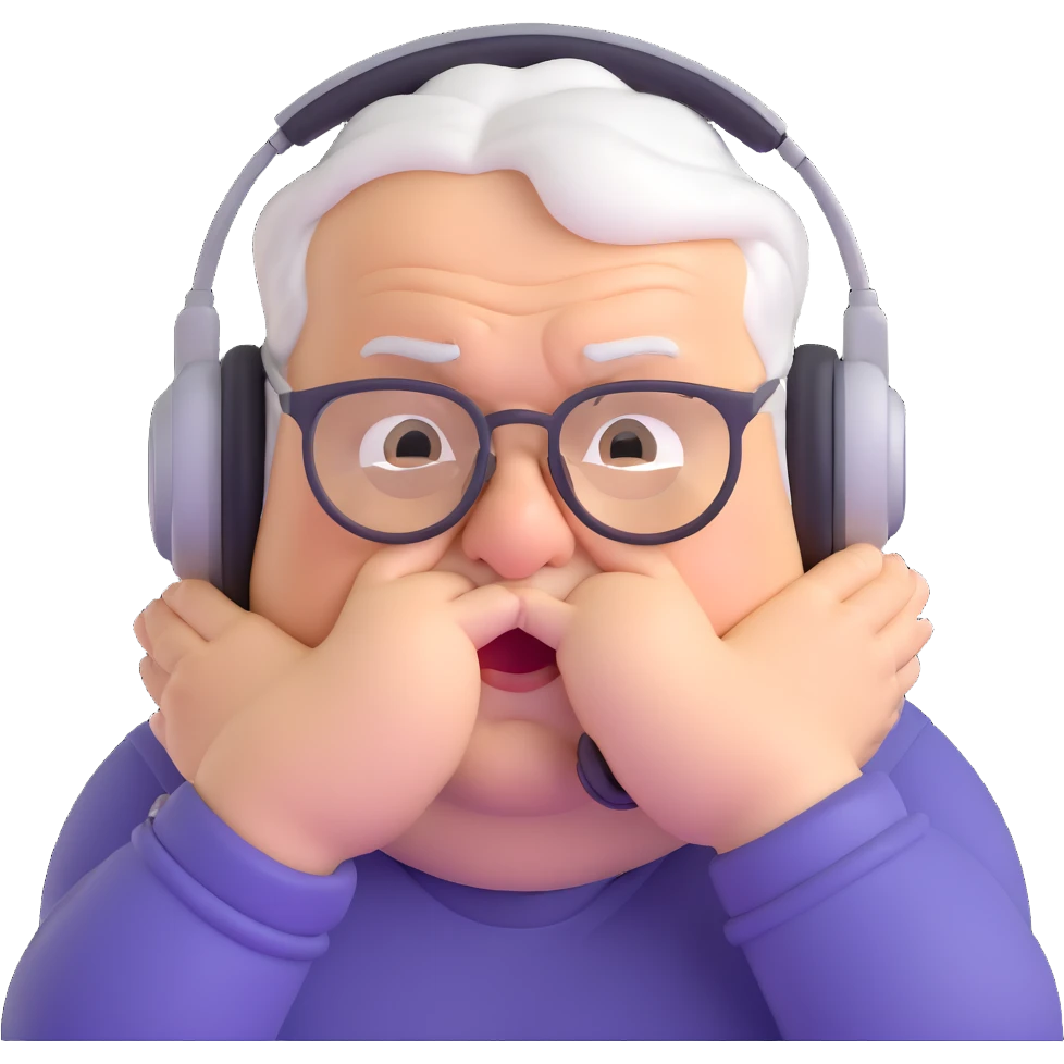 Very chubby brown old man with medium white hair, wearing glasses and headphones, looking surprised and angry, no facial hair, round full cheeks, double chin, looking to the upper left corner emoji