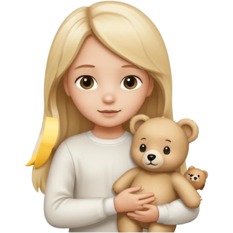 Blonde little girl, long hair, white long sleeve, with beige bear emoji